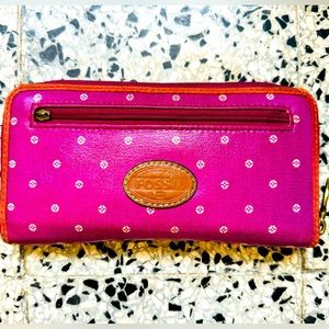 Fossil Key Per Coated Canvas Purple Orange Large Zip Around Accordion Wallet